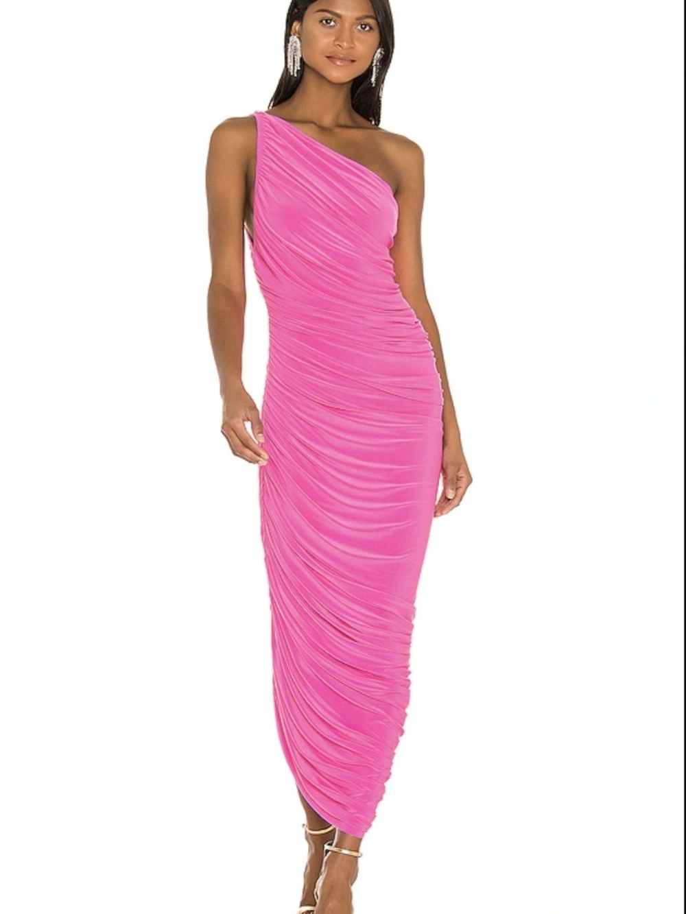 Norma Kamali One-Shoulder Ruched Hot Pink Maxi Dress